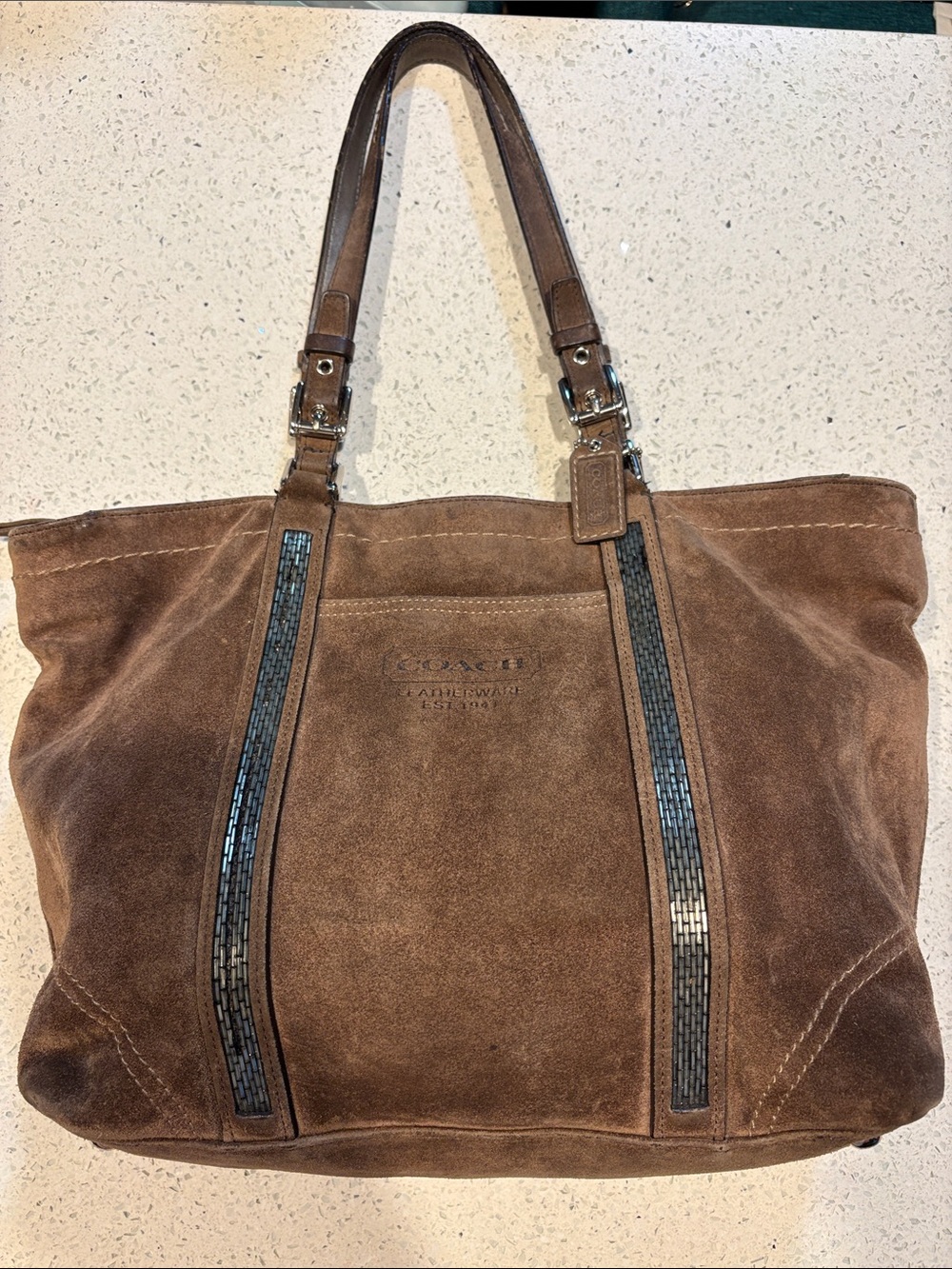 Coach Brown Suede Tote with Beaded Accent